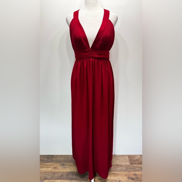 TFNC London Burgundy Sonia Maxi Dress Pleated Bust Plunging V Neckline Open Back - Picture 1 of 8